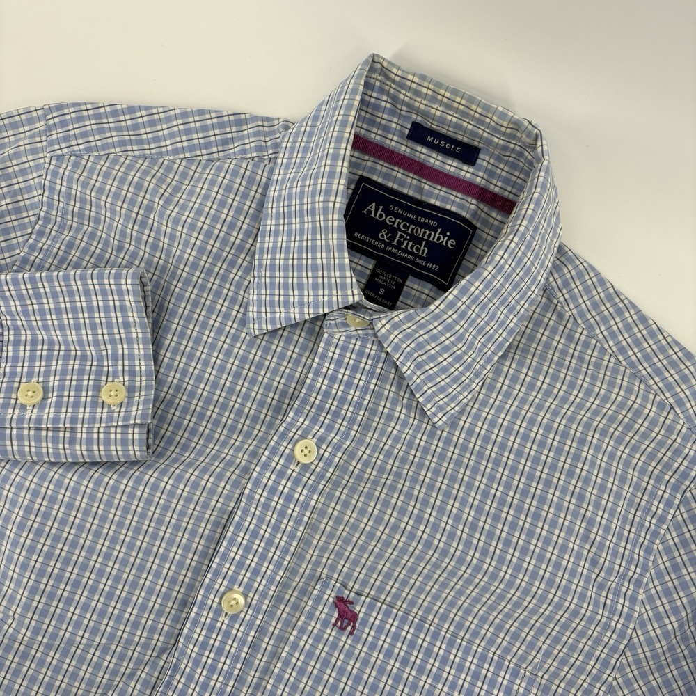 Abercrombie & Fitch Mens Small Button Down Muscle Fit Blue‎ Plaid Long Sleeve